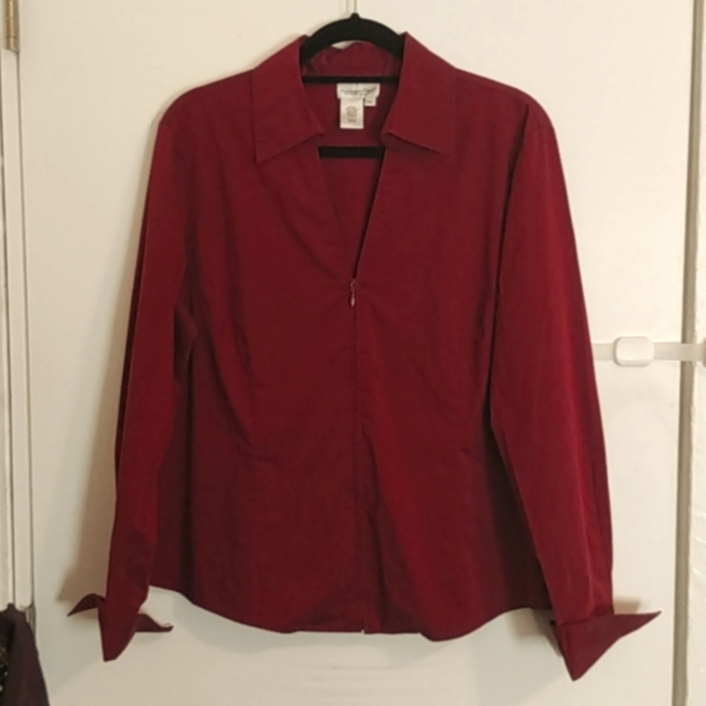 Women's V-Neck Coldwater Creek Zip Front Red Top w/Collar, Long Sleeves Size PXL